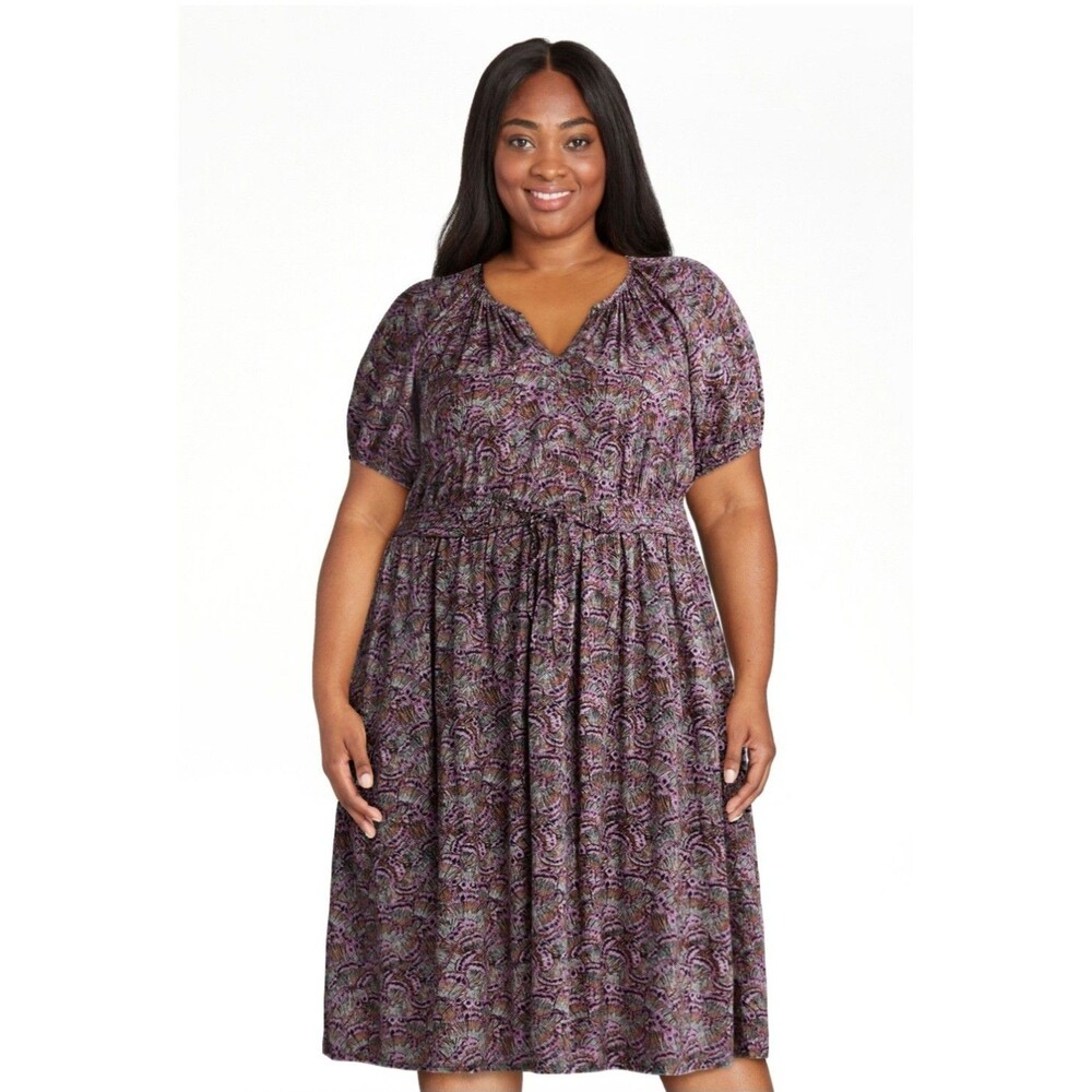 NWT Terra & Sky 4X 28W 30W Puff Sleeve Midi Dress Violet Pink Printed Bohemian